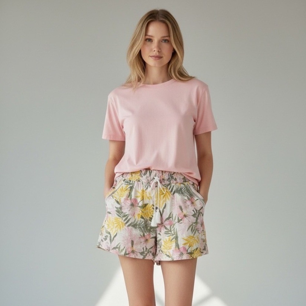 Briggs | Tropical Floral Linen Blend Smocked Waist Tassel Shorts Pink, Size XL